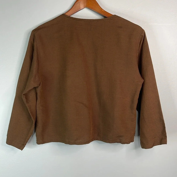 LAUREN VIDAL Linen Blend Overshirt Brown One Button Long Sleeve Collarless Small - Picture 6 of 11